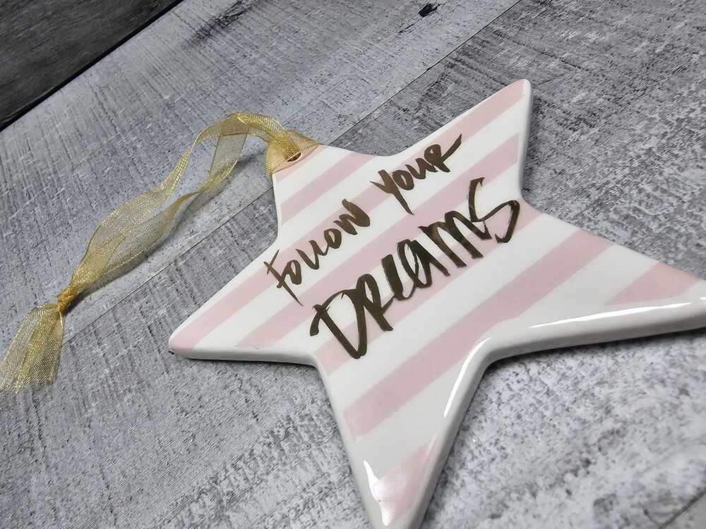 Star Christmas Ornament Porcelain Pink White Follow Your Dreams G16a2